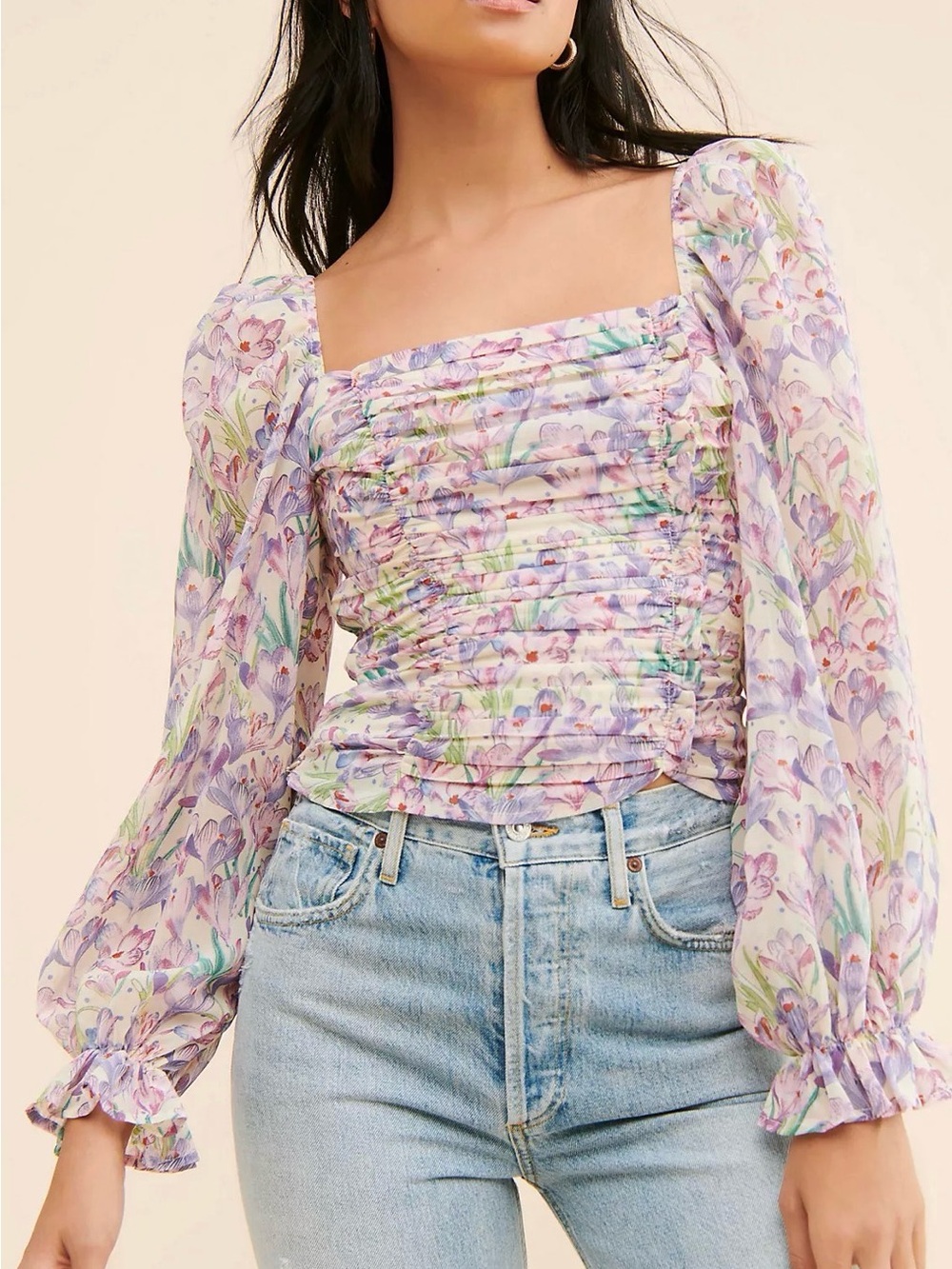 Anthropologie Lavender Floral Ruched Square-Neck Blouse